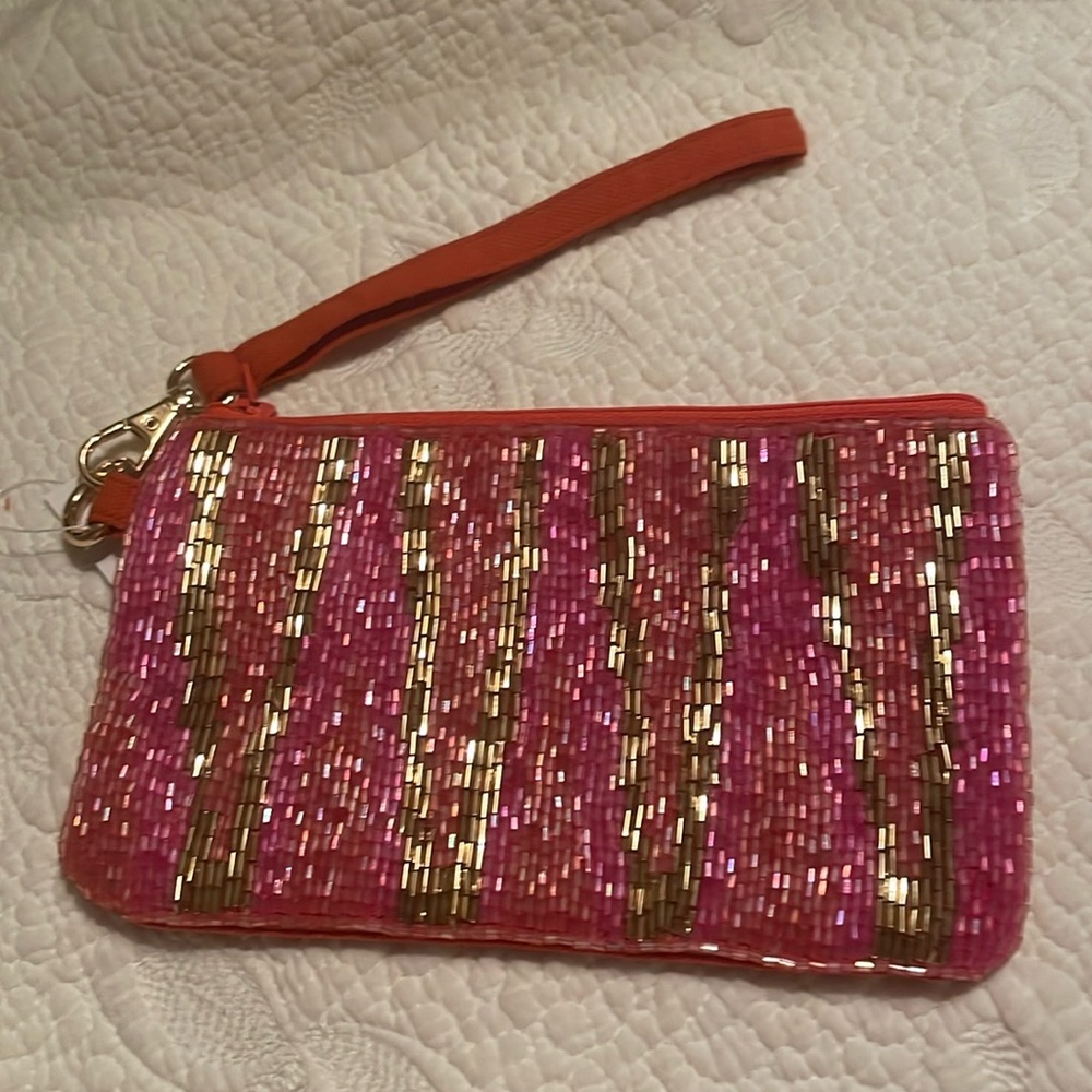 Beaded Wristlet - NWT - 7 X 4 inches- pink orange & gold